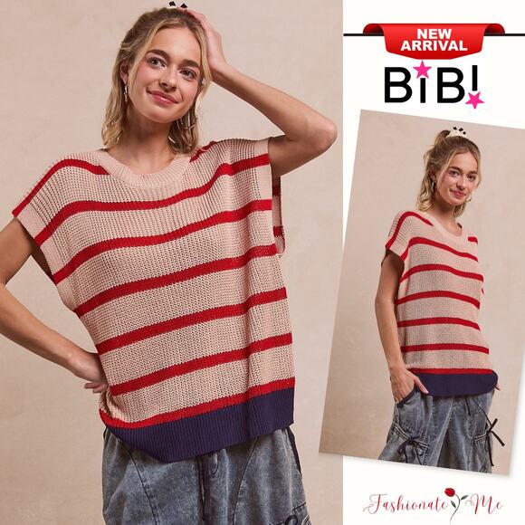 BiBi Fourth Of July Stripe Pattern Drop Shoulder Pullover Sweater | Oatmeal/Red - Picture 1 of 9